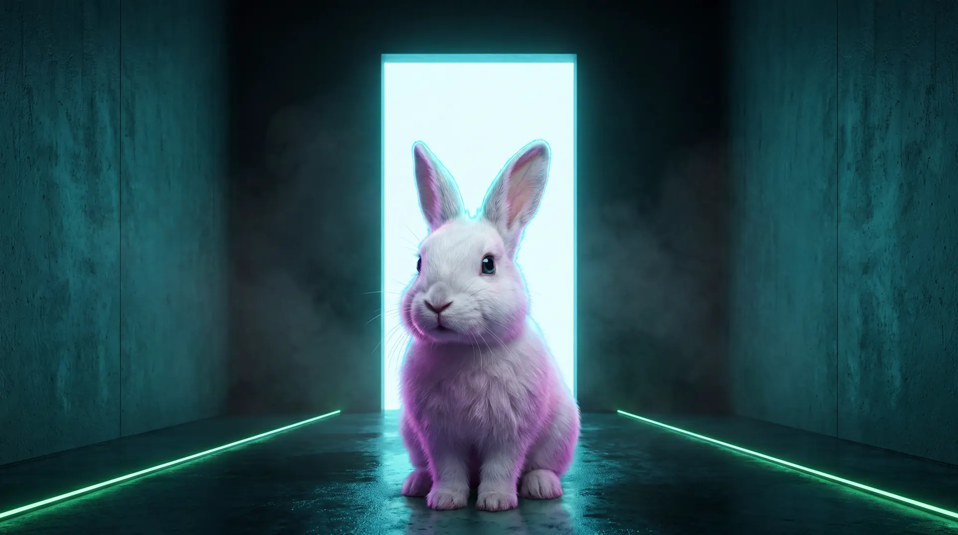 Conejo blanco de pelaje realista y chaleco, invitando a seguir un sendero hacia un portal luminoso