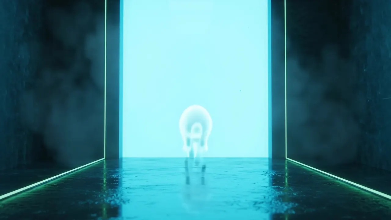 Pasillo oscuro con neón verde; al fondo, la puerta de luz cian.